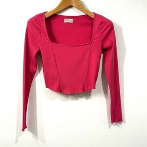 Urban‎ Outfitters Womens Cropped Top Size L Pink Square Neck Long Sleeve Y2K